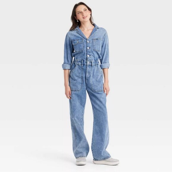 Women's Long Sleeve Utility Baggy Denim Jumpsuit 8 - Picture 2 of 3